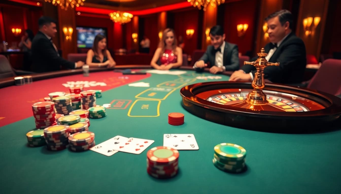 Experience high-stakes play at tv88.page with a luxurious casino scene showcasing vibrant tables and dynamic games.