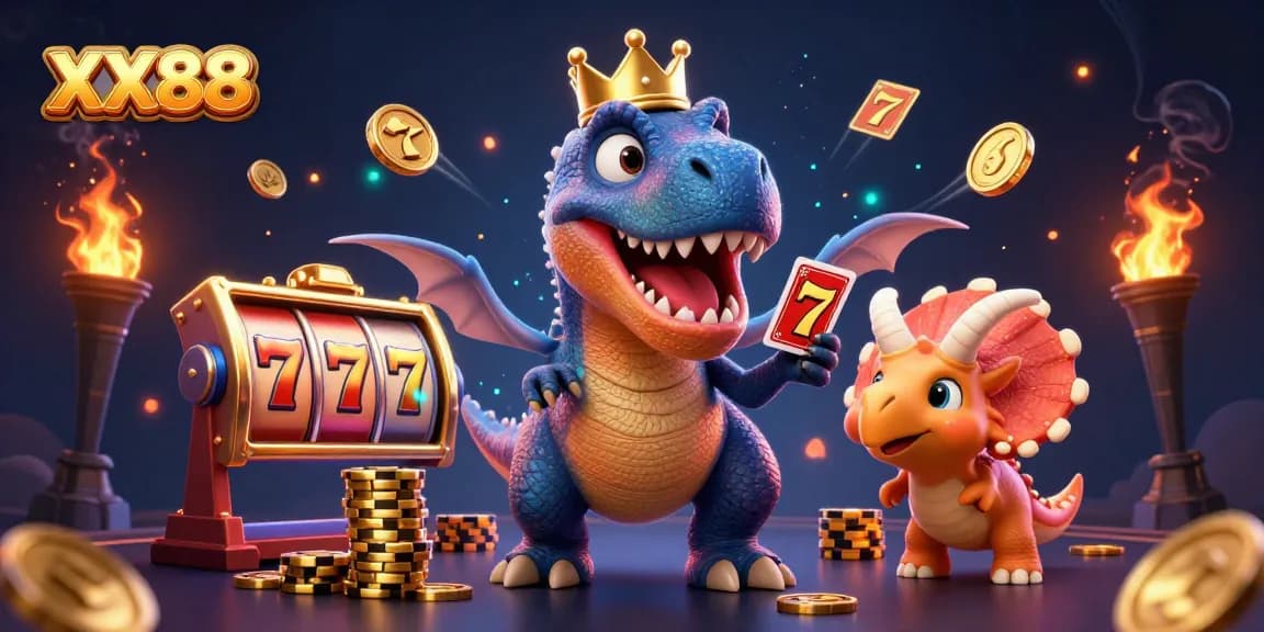 Experience thrilling gameplay at XX88 with a vibrant casino scene featuring cartoon dinosaurs and gold coins.