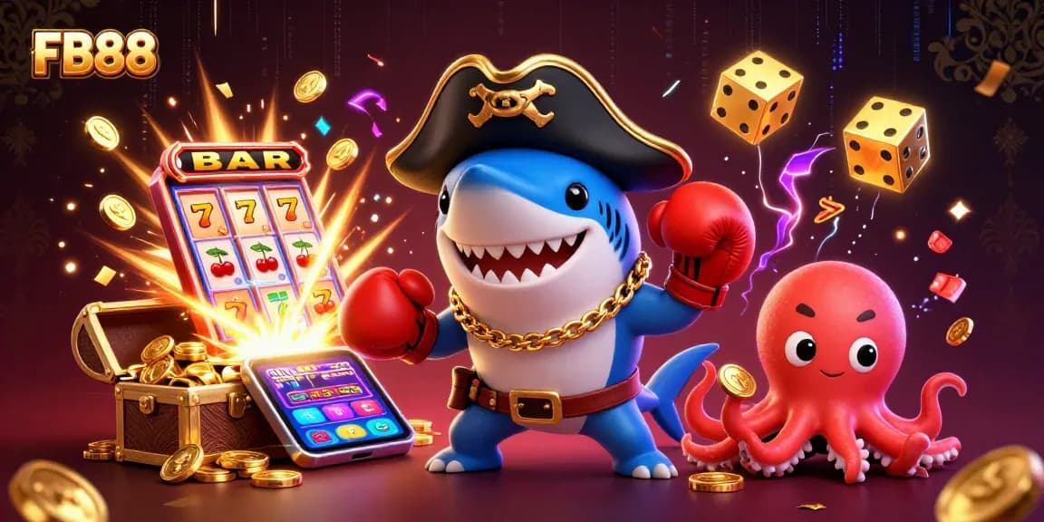 Engage in thrilling games at FB88 with charming underwater characters amidst dynamic casino elements.