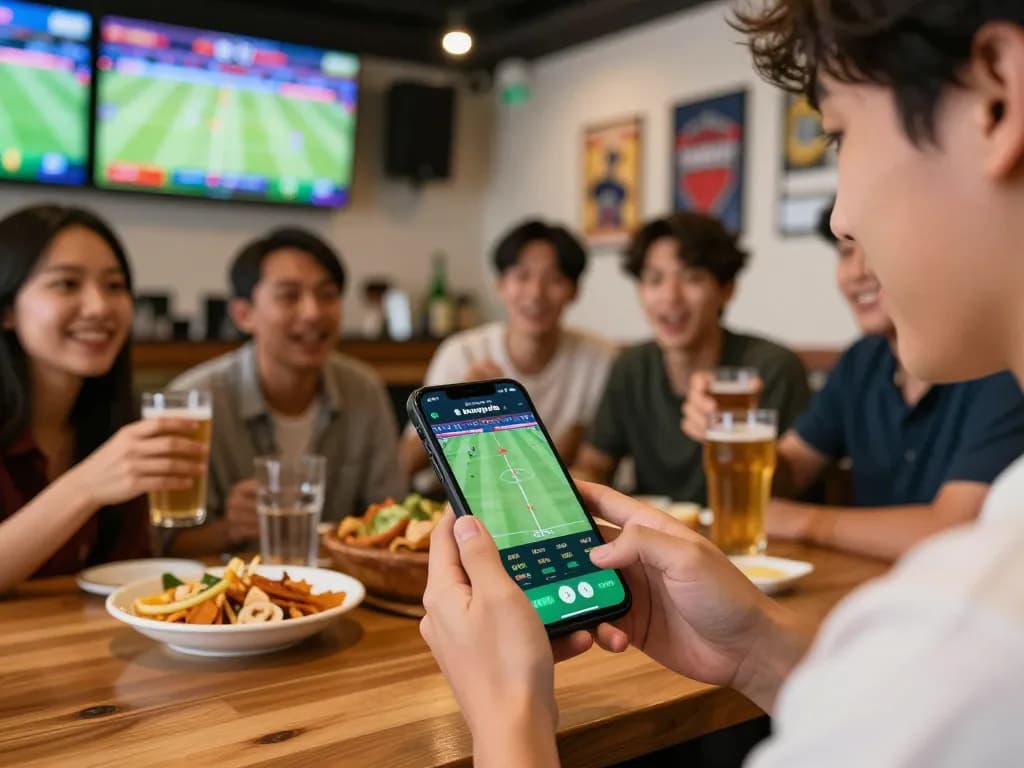 Person enjoying sports betting on keobongda while watching a live match in a vibrant bar.