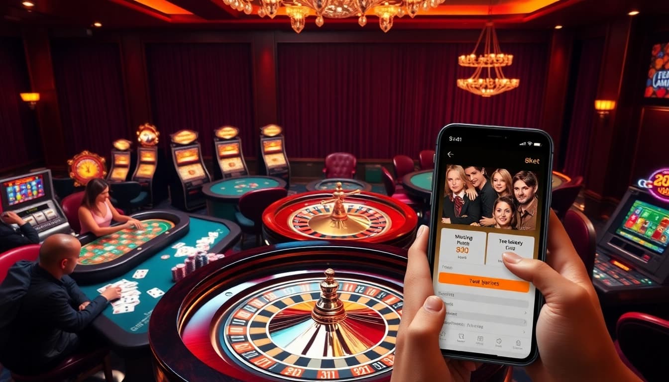 Experience the excitement of 8kbet with vibrant casino tables and roulette wheels showcasing thrilling gambling action.