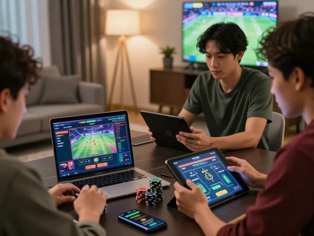 Engaging scene of individuals using devices at home, representing nhà cái uy tín betting experience with modern gaming.