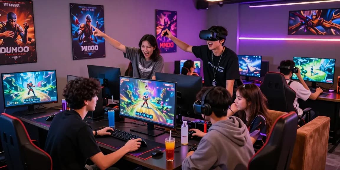 Vibrant gaming lounge scene showcasing friends playing MMOO games enthusiastically.