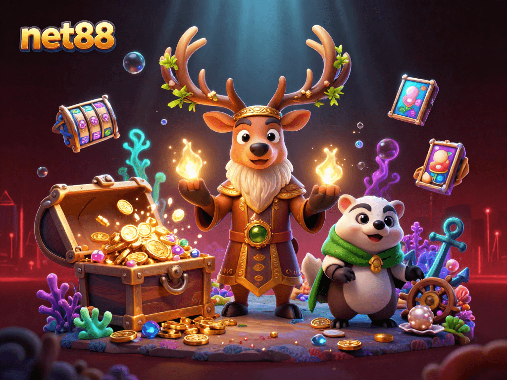 Win big with net88 in a vibrant casino-themed underwater world, featuring colorful game elements.