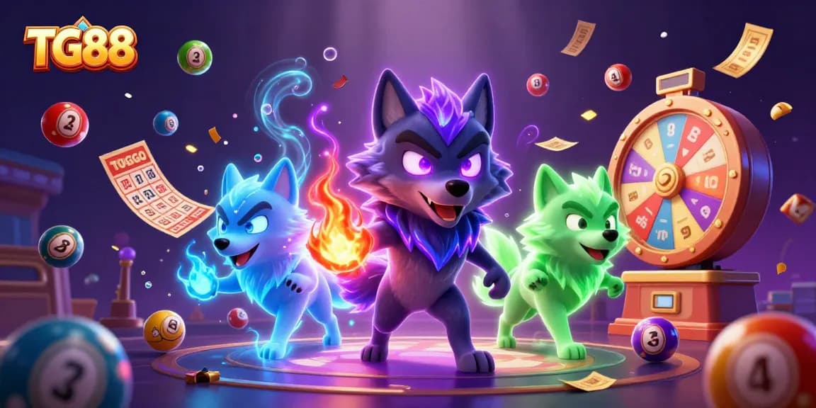 Engage with TG88's immersive gaming experience featuring enchanting 3D wolves amidst vibrant casino elements.