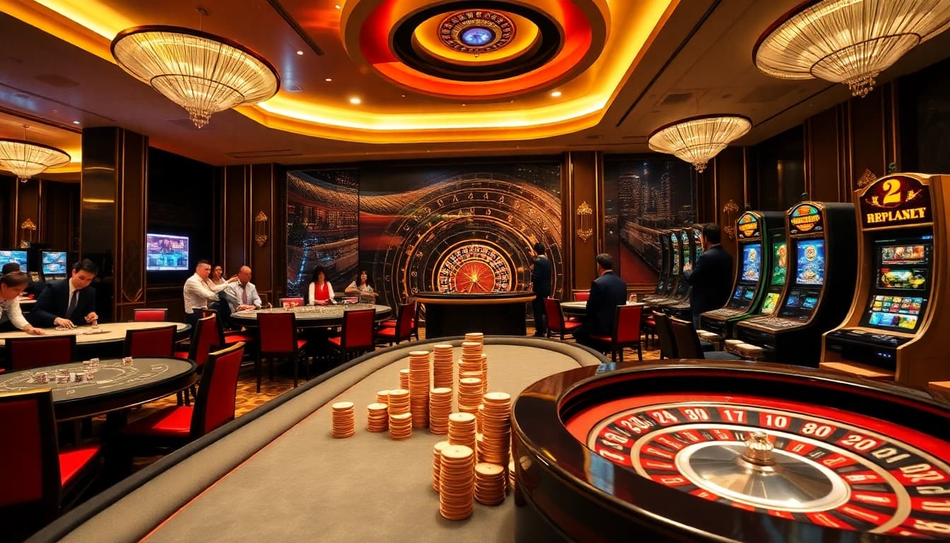 Engage in thrilling gaming action at RR88 with vibrant casino tables and energetic players.