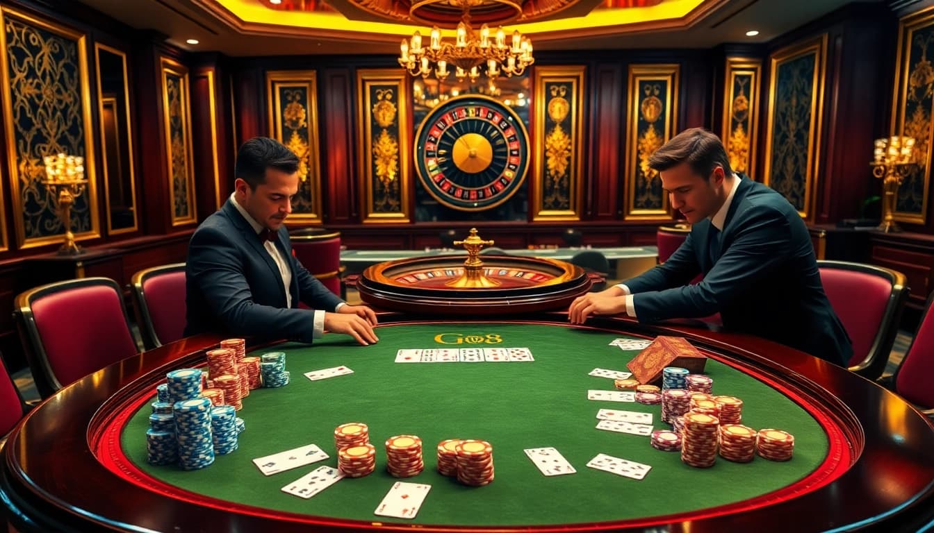 Experience thrilling gameplay at the Go8 casino poker table with vibrant chips and intense players.