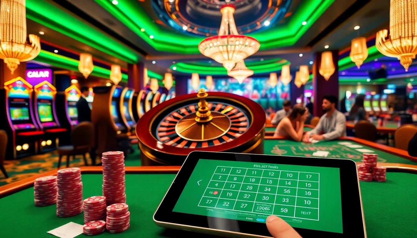 Action-packed casino scene depicting online gambling at https://jun88.now/ with vibrant slot machines and a roulette wheel.