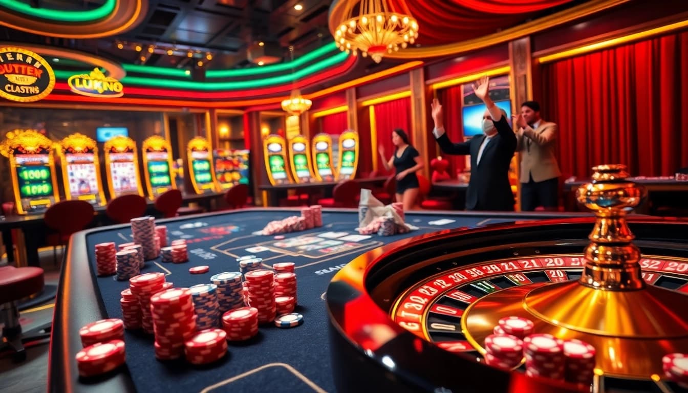 Experience thrilling gaming action with Luck8 at a luxury casino table featuring vibrant poker chips and flashing slot machines.