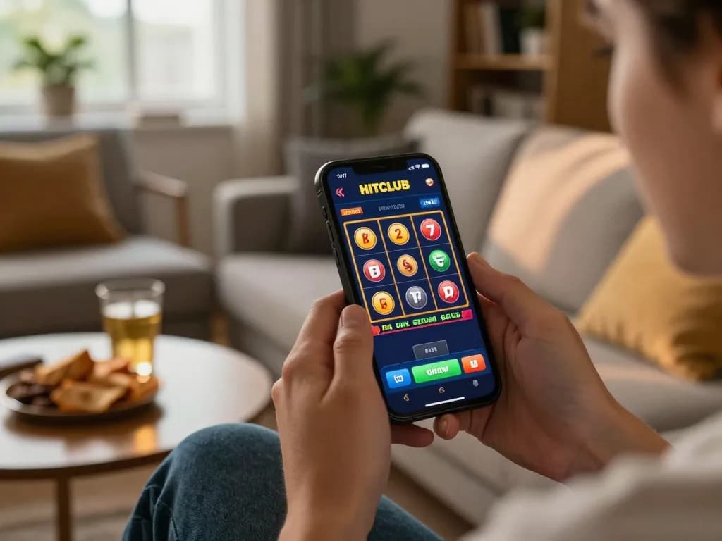 Engaging with the HITCLUB casino app on mobile, enjoying a cozy gaming atmosphere.