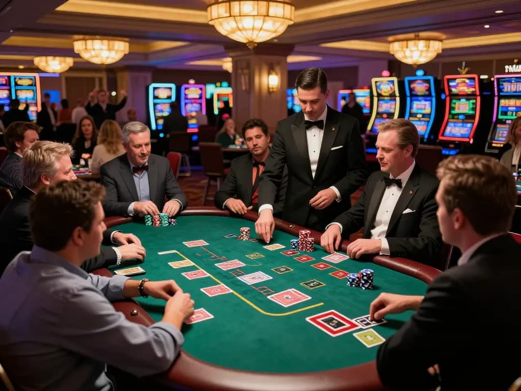 Players engaging in strategic gameplay at a blackjack table, aligning with nhacaiuytinn focus on responsible gambling and winning strategies.