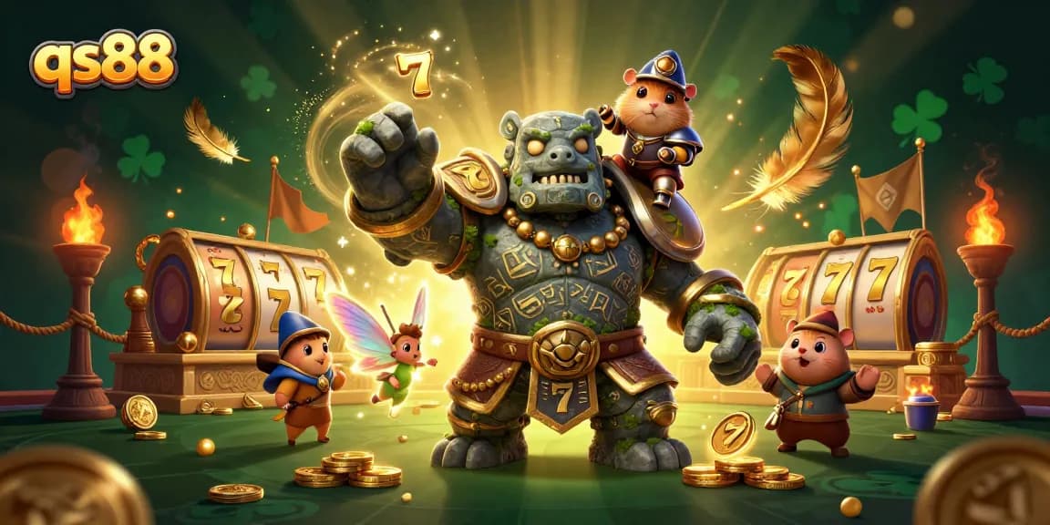 qs88 gaming illustration featuring a golem guardian and a knight in a vibrant casino scene with slot reels