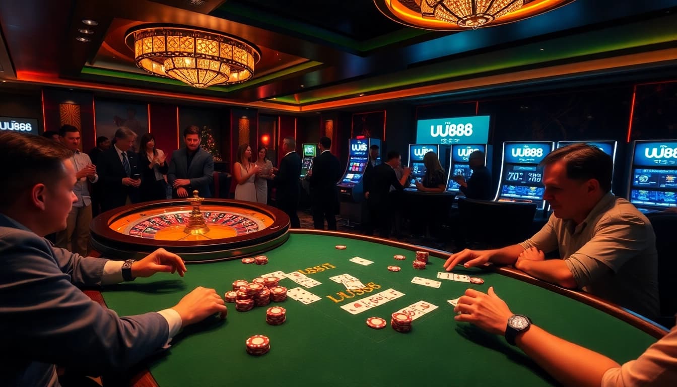 UU88 casino players enjoying a high-stakes poker game with vibrant chips and cards.