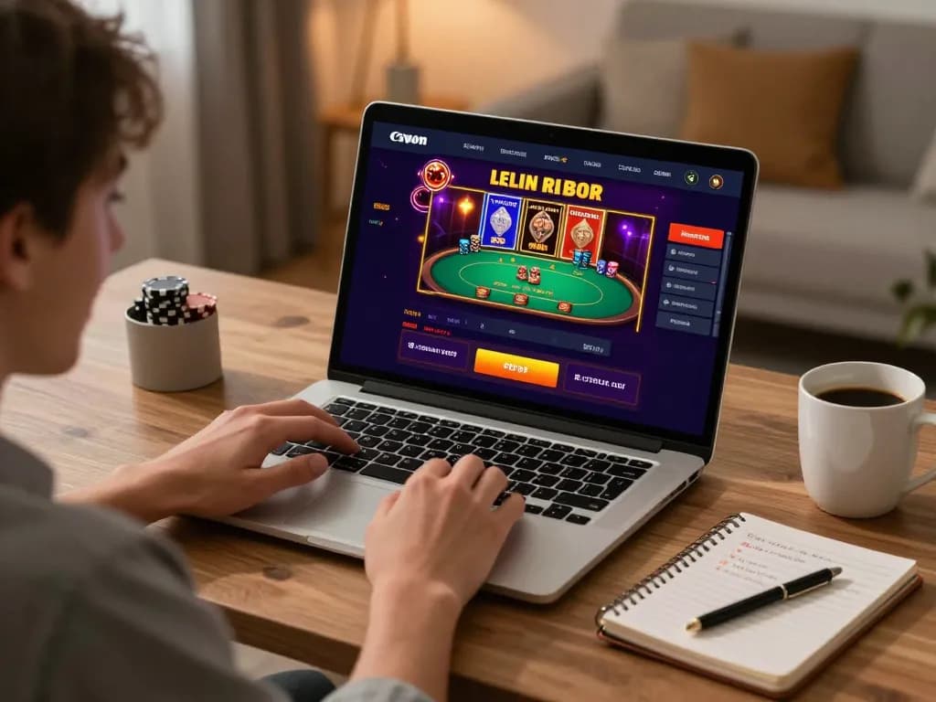 B52club user engaging in exciting online gaming experience with a laptop showcasing poker and slot games.