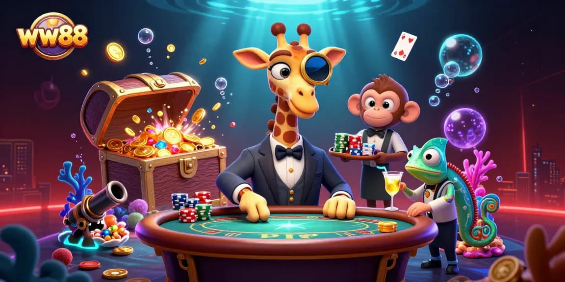 Engage with thrilling gaming at ww88, featuring a high-roller giraffe at a poker table amidst gold and bioluminescent treasures.