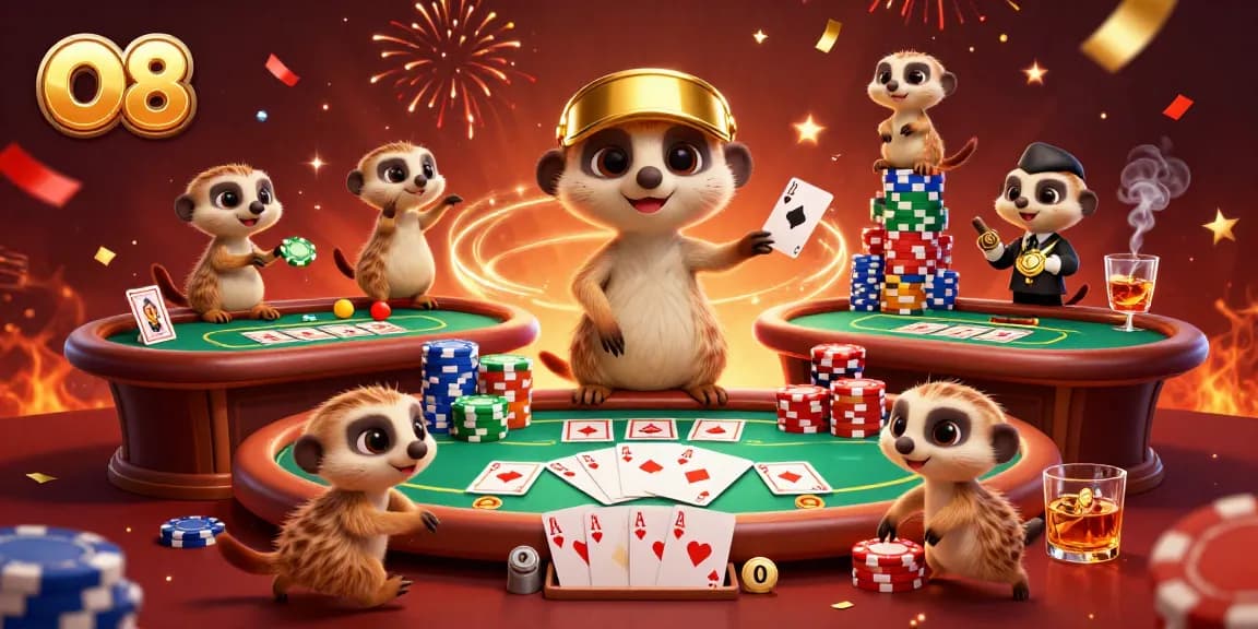 Engage with O8's thrilling gaming experience as meerkats orchestrate a lively casino scene full of excitement and strategy.