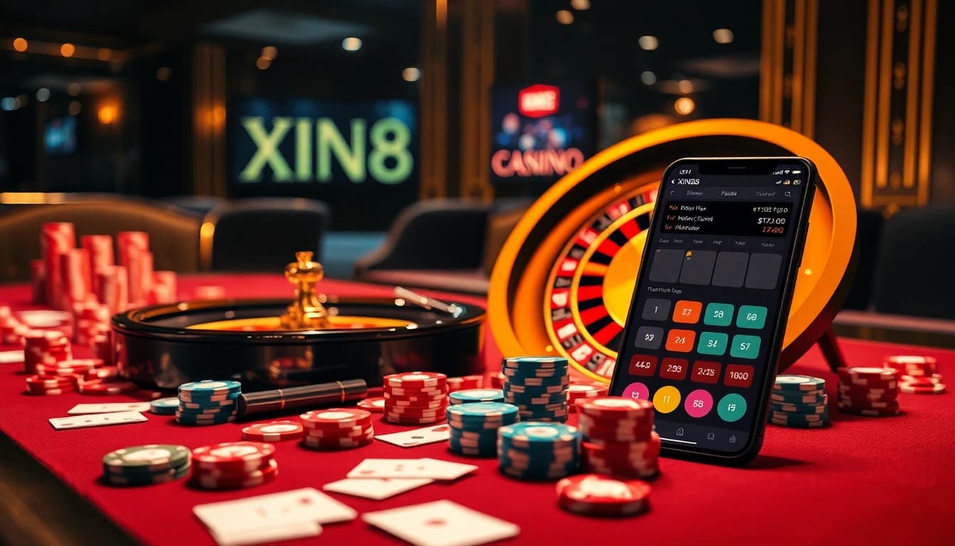 XIN88 casino experience featuring vibrant chips and roulette wheel, creating a luxurious gambling atmosphere.