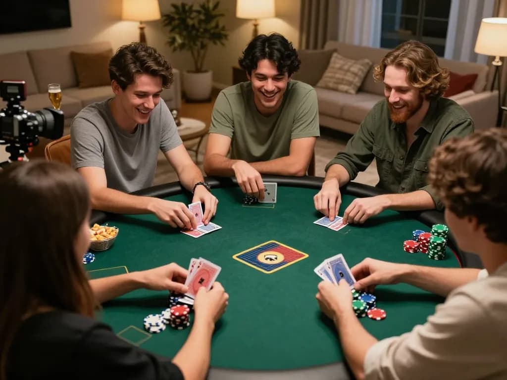 HITCLUB poker night with friends enjoying Texas Hold'em, strategic bets, and excitement.