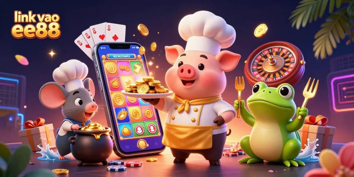 Engage with link vao ee88 as the 3D cartoon chef pig serves gold coins in a vibrant casino scene.