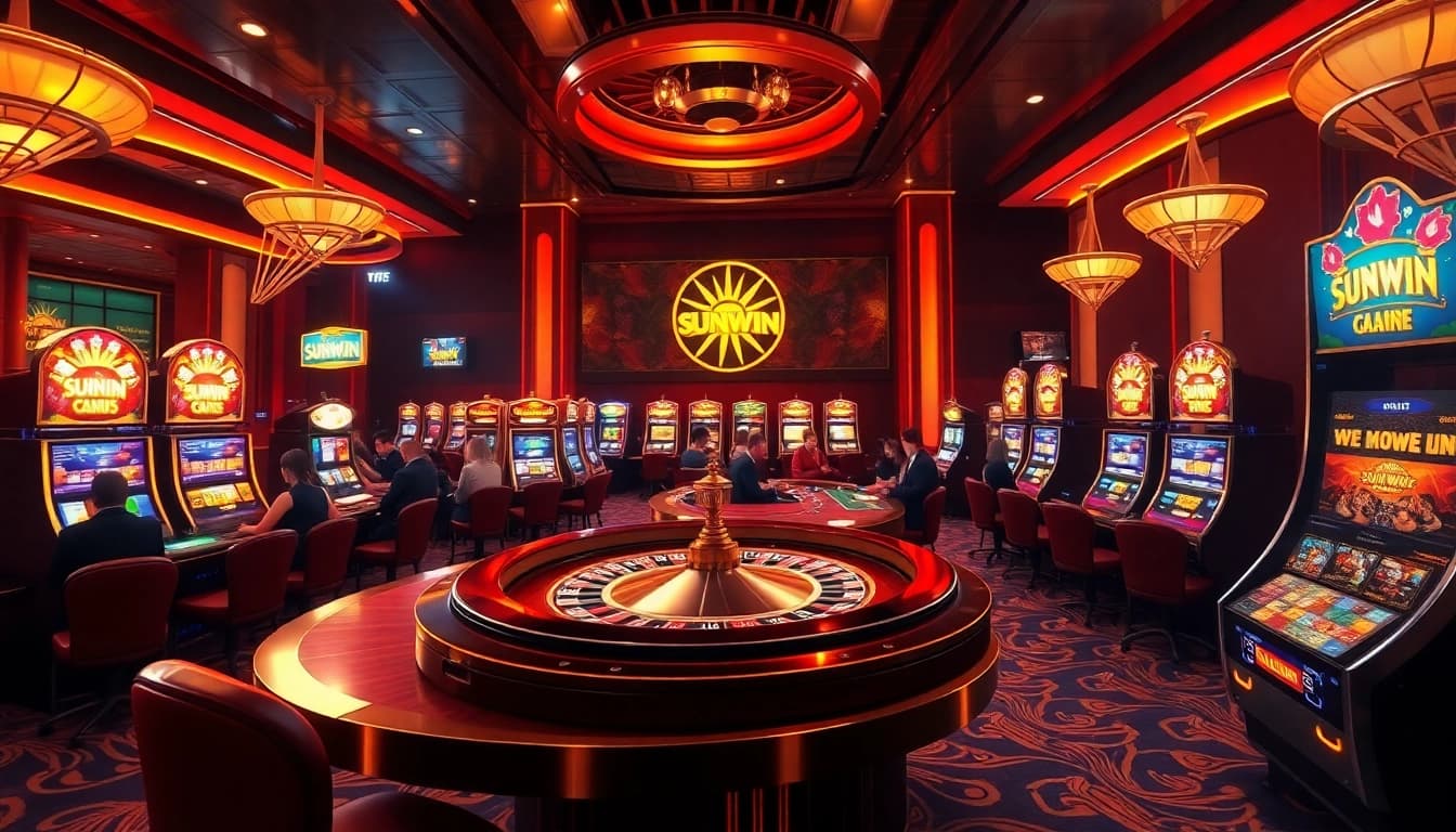 Players enjoying a thrilling game at Sunwin casino tables with vibrant slot machines