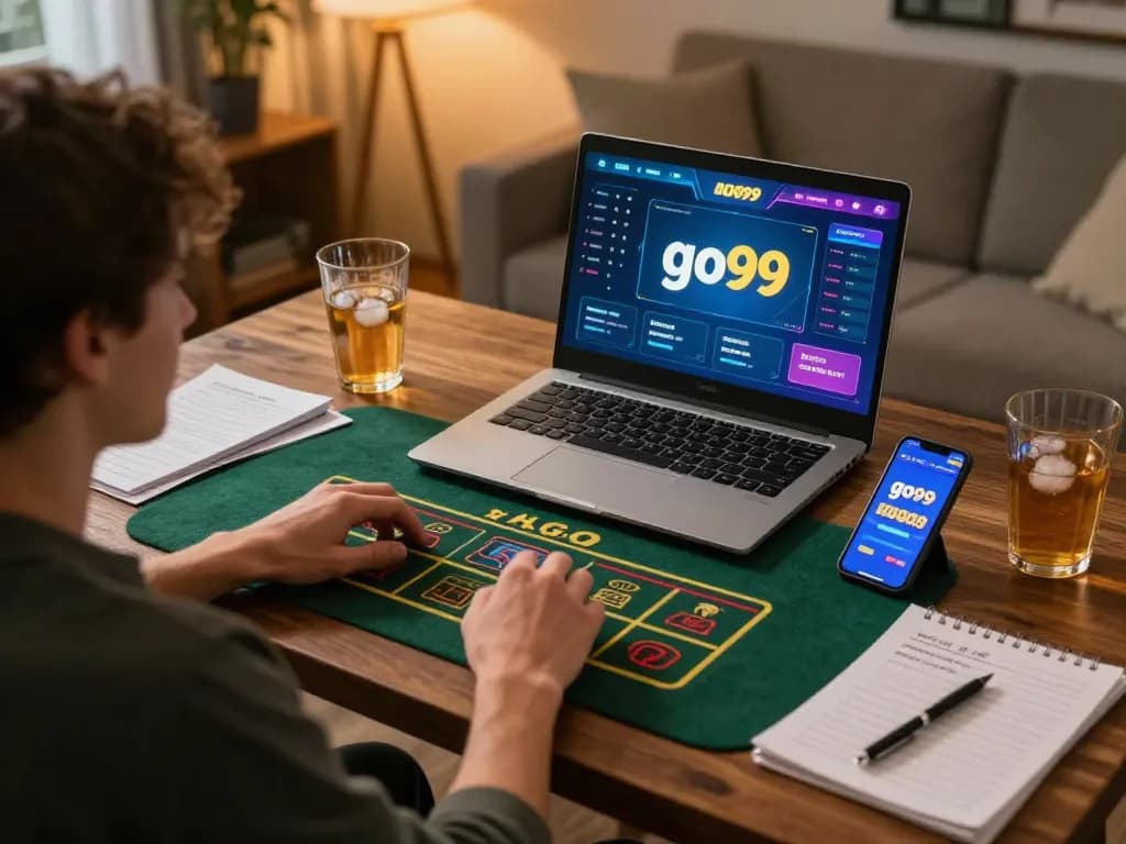 Engaged user exploring go99's online casino platform with a warm and inviting atmosphere.