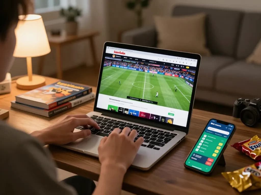 Engaging in online betting on lương sơn tv during a live football match, with a cozy home setup.