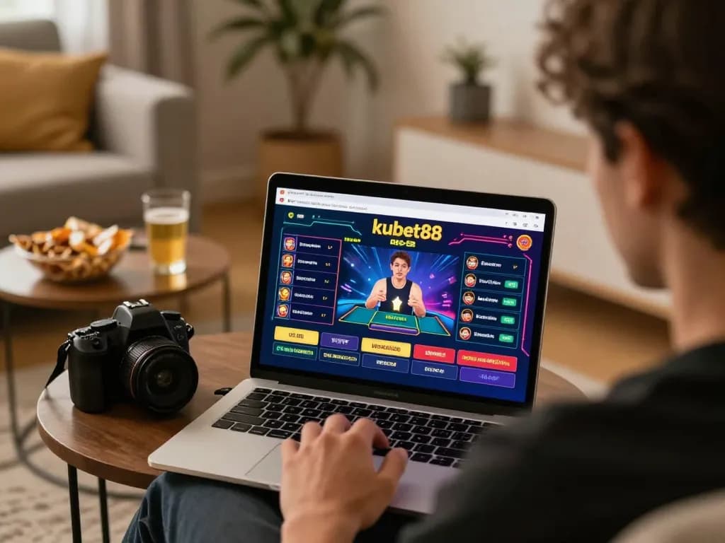 Kubet88 user actively placing bets on a laptop in a cozy home setting, illustrating online gambling engagement.