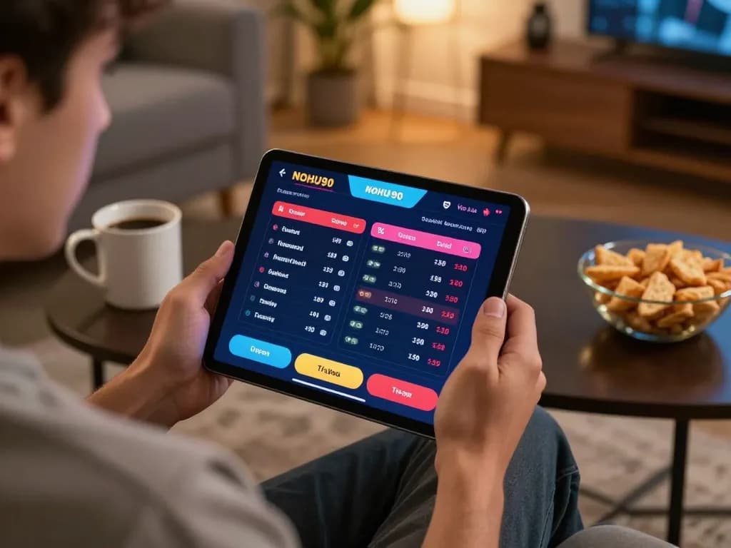 Engaging NOHU90 sports betting app interface on tablet during comfortable home gaming session.