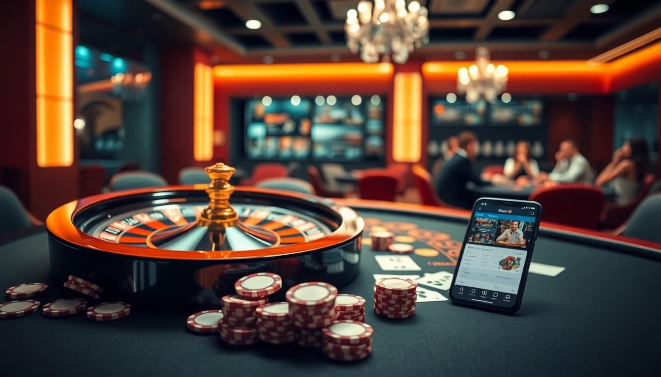 Go8 mobile app interface displayed with chips and cards in an elegant casino setting.