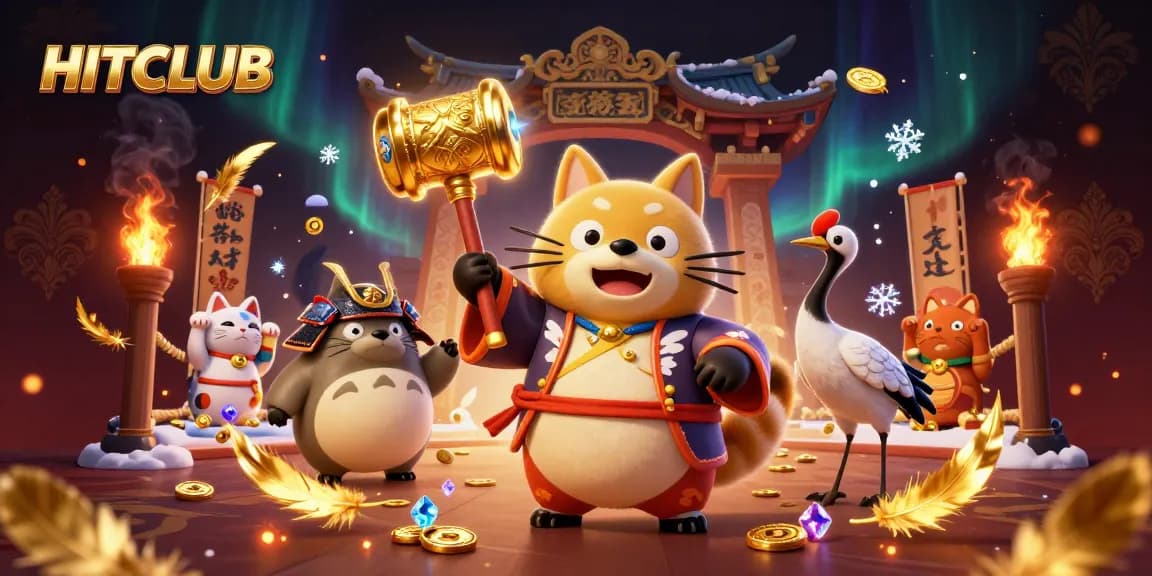 Hitclub gamblers celebrating victory with colorful cats, coins, and neon tokens in a vibrant 3D casino.