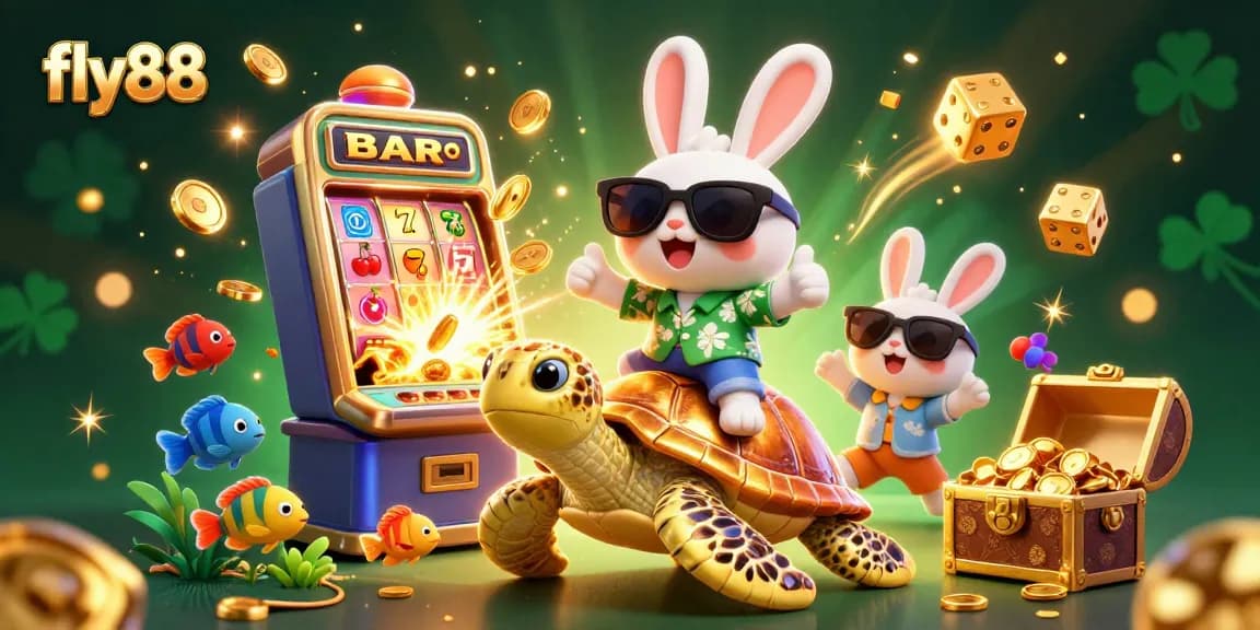 Experience the thrill of fly88 with a vibrant 3D casino scene featuring big wins and fun characters.