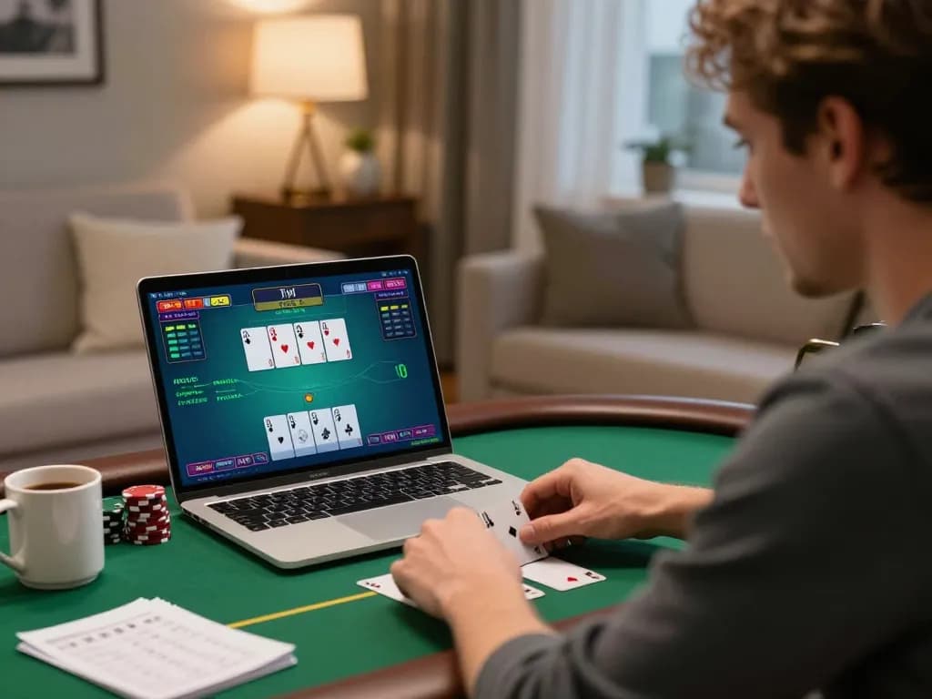 MM88 player enjoying online poker game session at home, highlighting strategic gaming decisions.