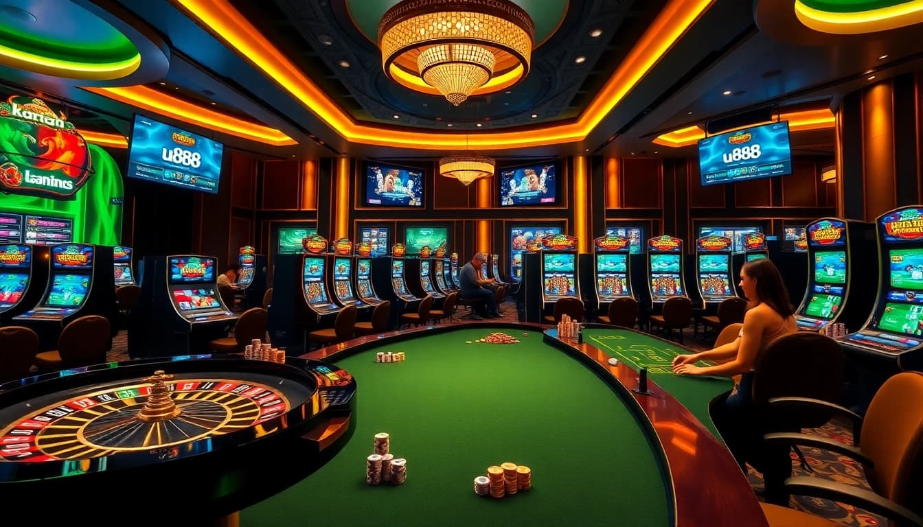 Experience thrilling gameplay at u888 with vibrant casino elements like roulette and poker.