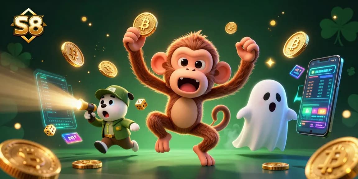 Engage with S8 and winning strategies in a vibrant 3D casino scene featuring a playful ghost-hunter puppy.