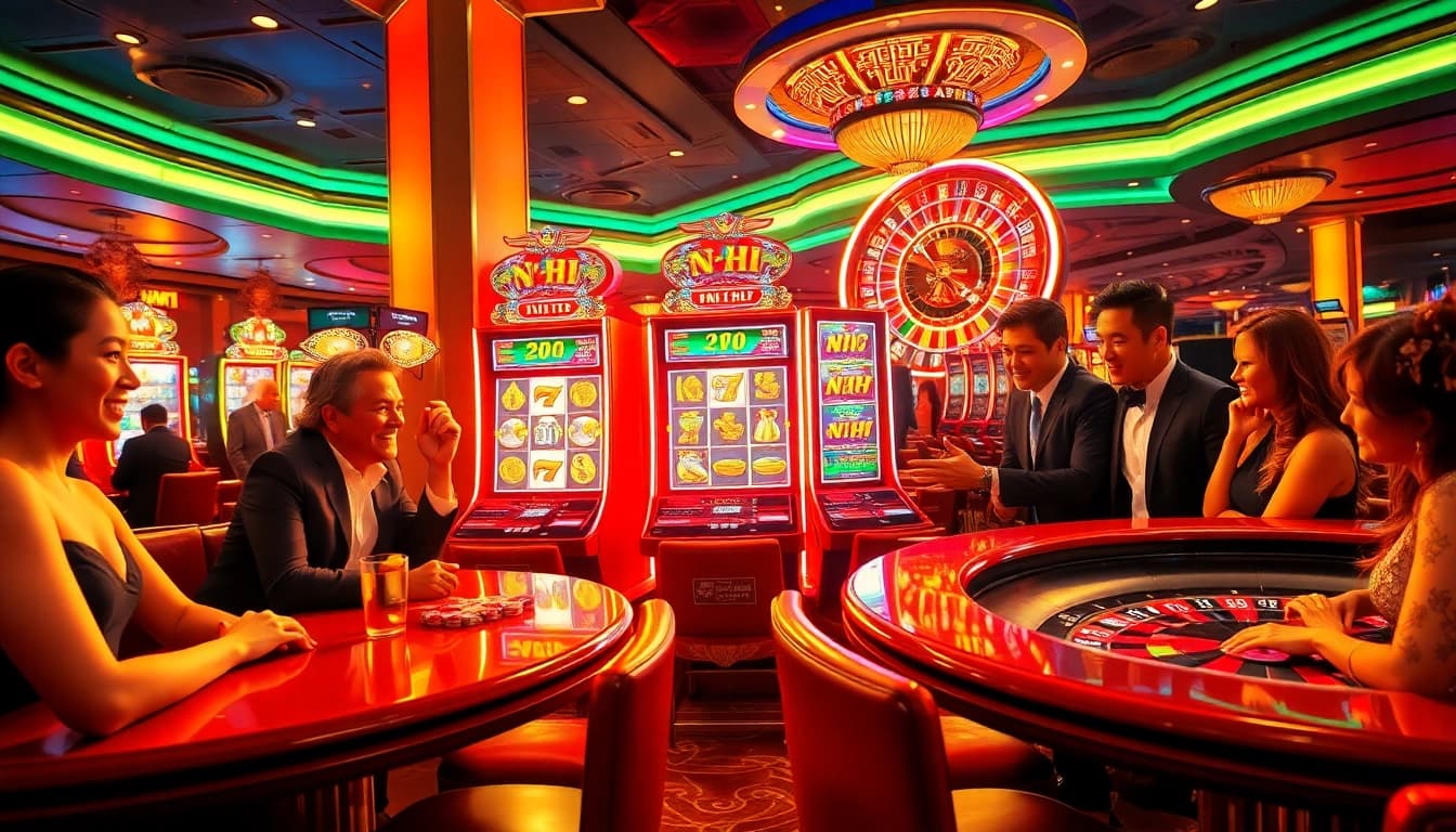 Excited players around a Nổ Hũ slot machine in a luxurious casino setting.