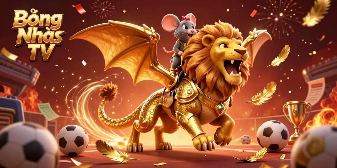 Bóng Nhựa TV showcases a triumphal chimera surrounded by sports betting elements and festive decorations.