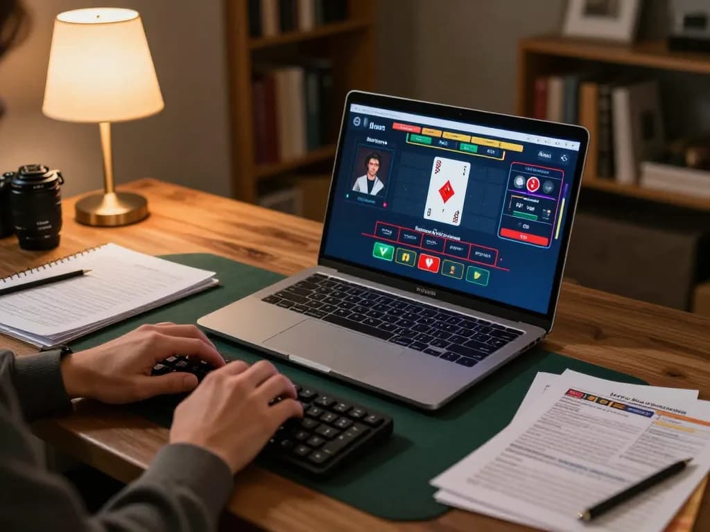 Player engaging in strategic blackjack gameplay on Fly88 while using laptop in cozy home setting.