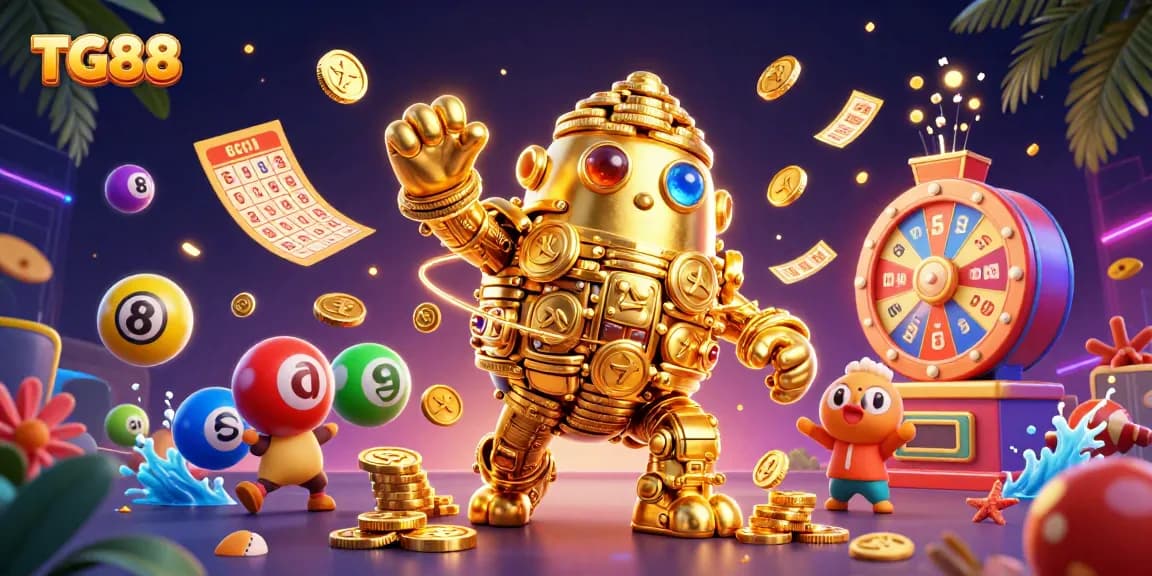 TG88 features a golden golem surrounded by vibrant casino elements, showcasing dynamic gameplay.