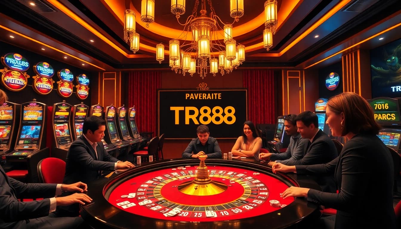 Engage in the elegance of TR88 betting at a glamorous casino table illuminated by golden lights.