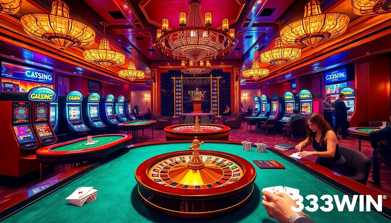 Players strategizing at a luxurious casino table, showcasing 33WIN excitement with poker chips and cards.