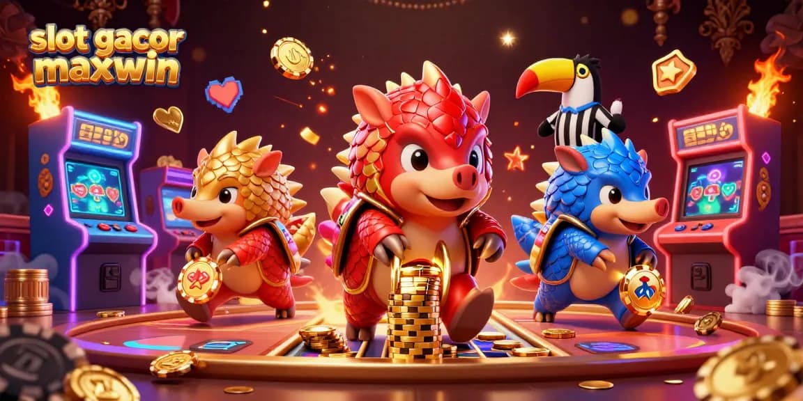 Engage with slot gacor maxwin as rival pangolins battle through poker chips in vibrant casino illustration.