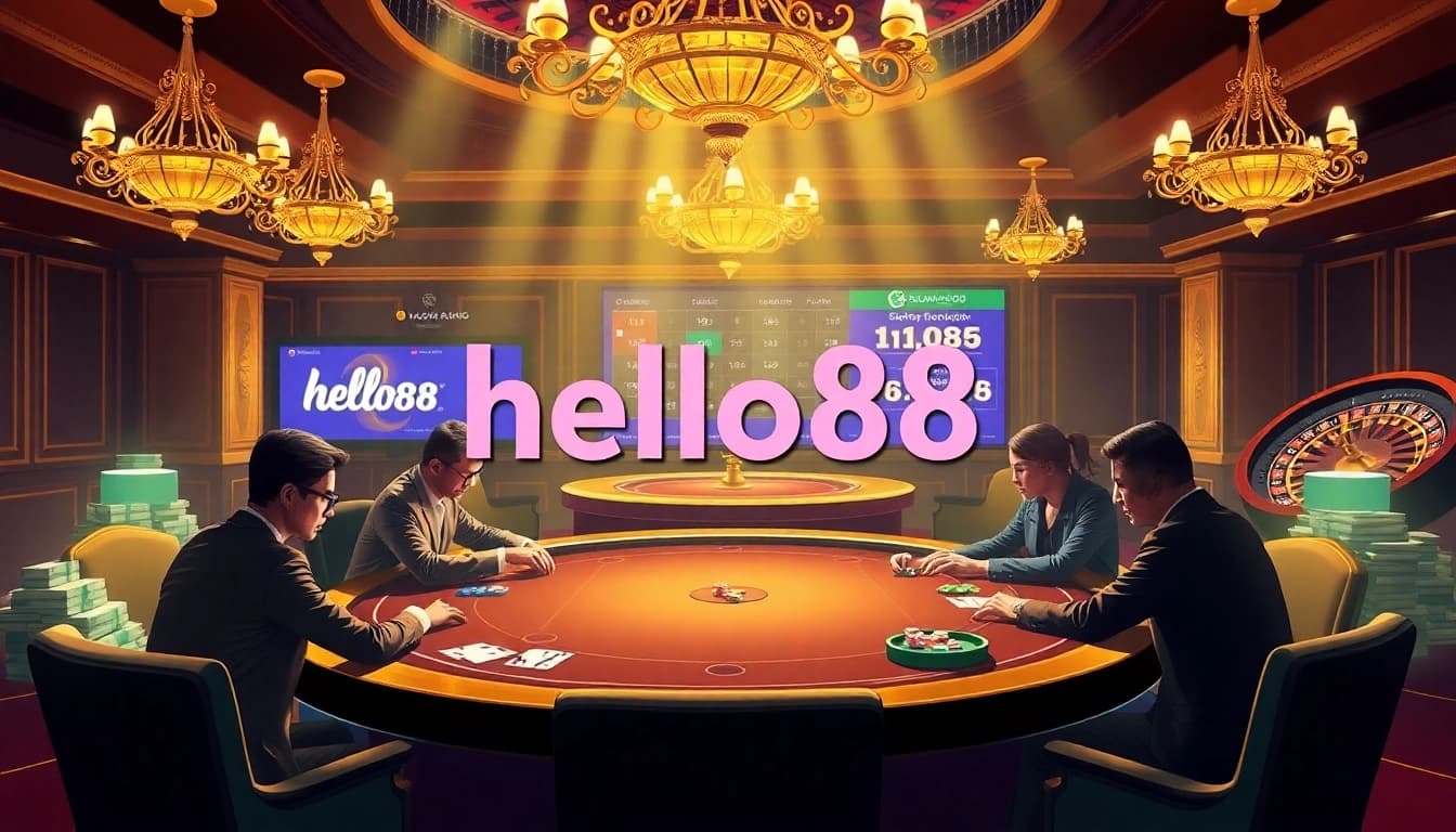 High-stakes poker game at hello88, showcasing colorful chips and luxury casino ambiance.