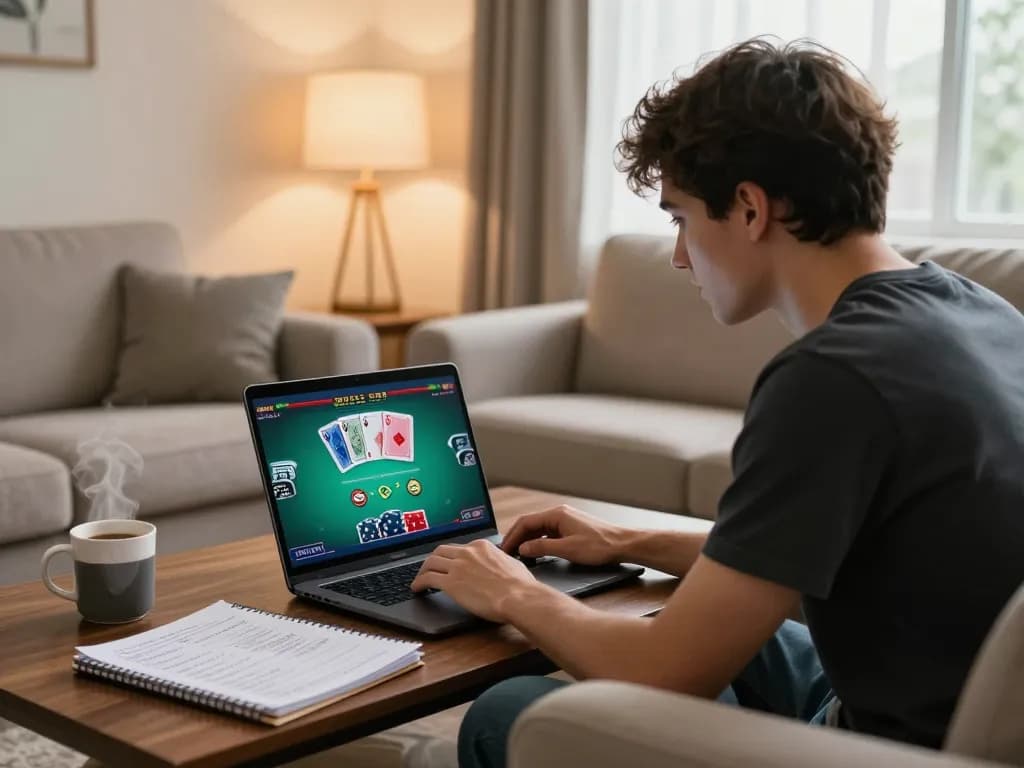 Engaged player using laptop for online poker at home, showcasing abc8's interactive gaming experience.