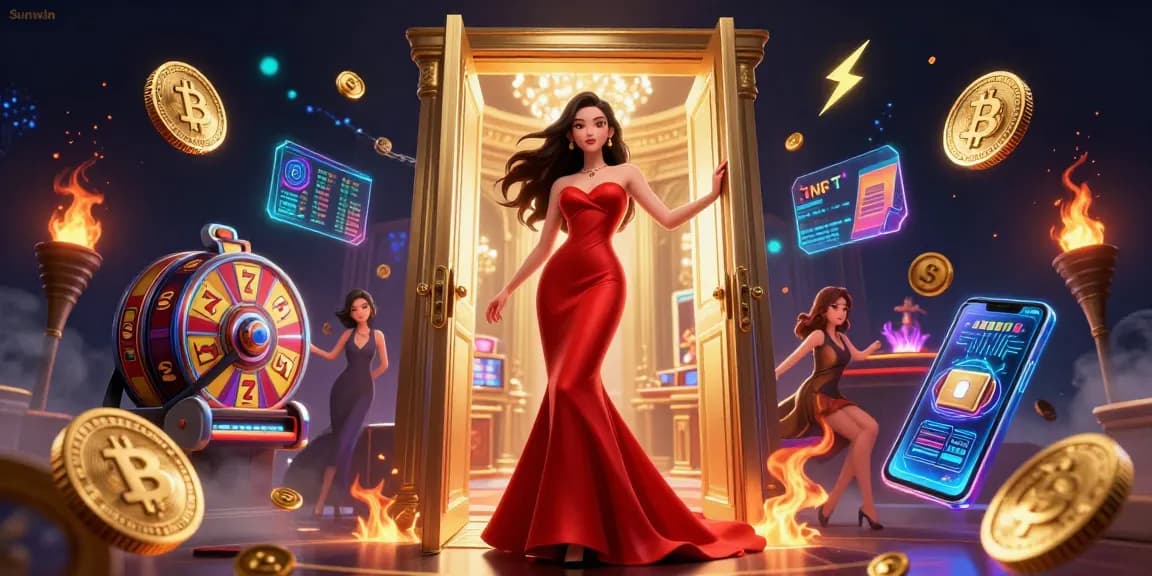 Experience the vibrant energy of Sunwin in a luxurious casino scene filled with gaming elements.