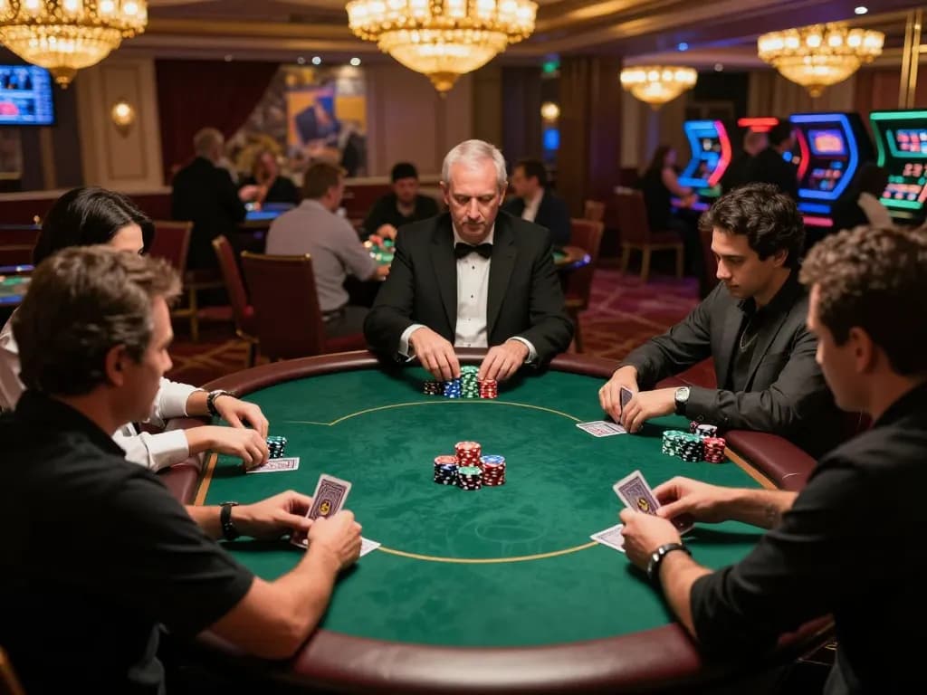 Watch intense poker gameplay at https://da88at.com/ with expert players, colorful chips, and glamorous casino lights.
