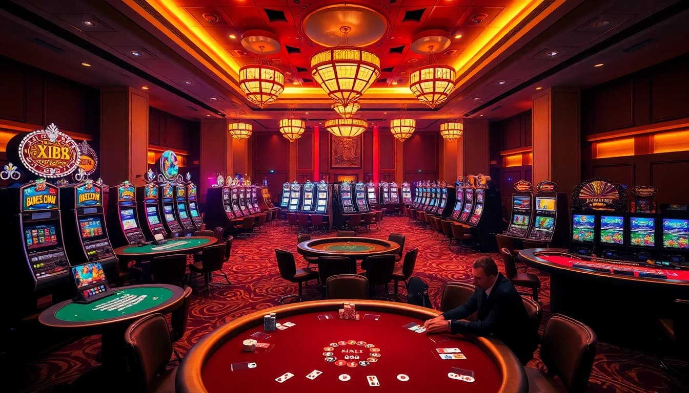 XX88 players engaging in a high-stakes poker game surrounded by vibrant casino elements.