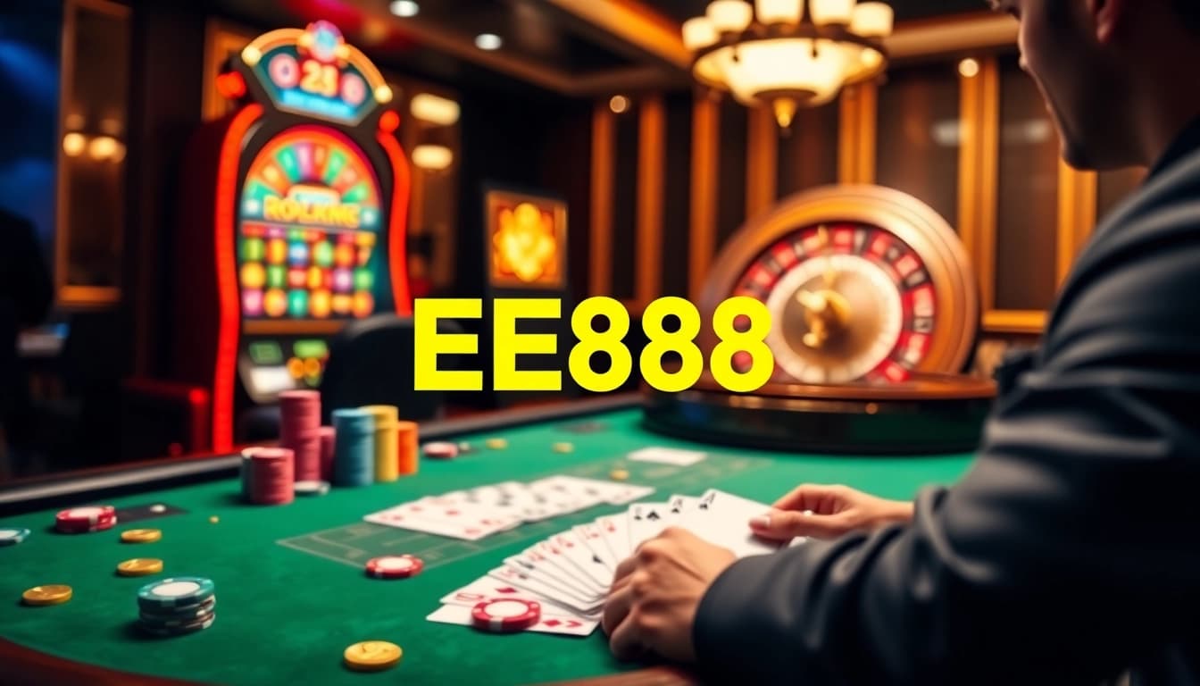 EE88 slot machine and poker table in a vibrant online casino setting, showcasing excitement and professionalism.