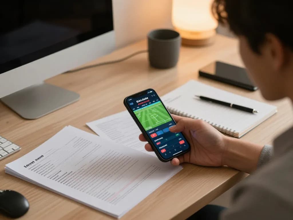 Kèo nhà cái displayed on smartphone as gambler engages in strategic sports betting at home.