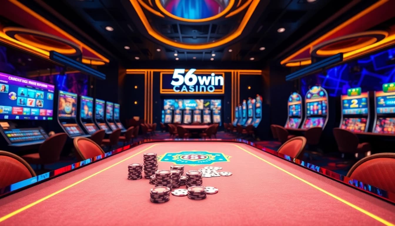 56win's vibrant online casino scene featuring elegant tables, chips, cards, and game interfaces.