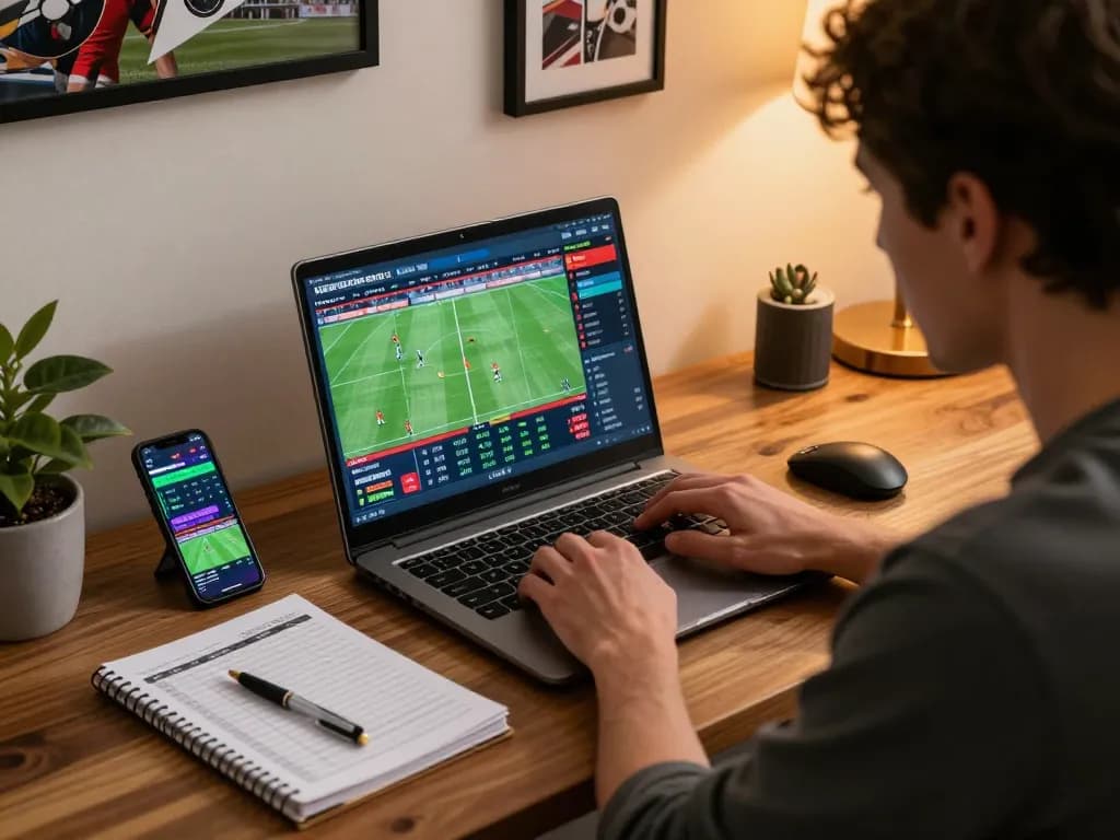 NK88 user actively engaging in online sports betting session at home, displaying strategic tracking and excitement during gameplay